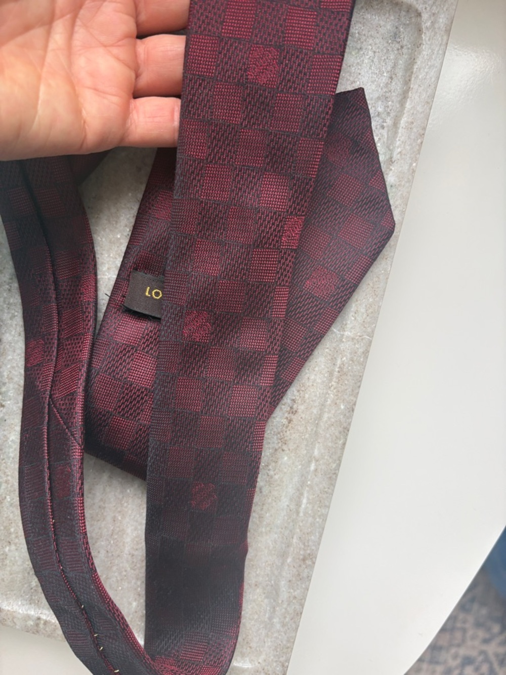Louis Vuitton Damier Red Burgundy Checker Silk Tie - Picture 10 of 11